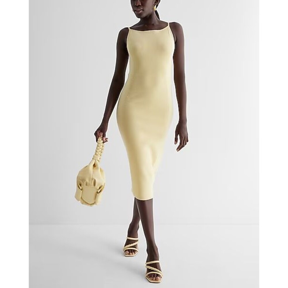 NWT Express Midi Dress Sz Med. Cream Ribbed Spaghetti Strap Sleeveless Bodycon